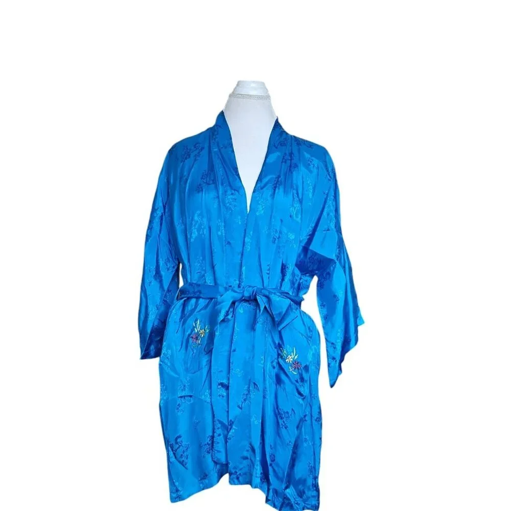 Vintage Chinese Kimono Robe‎ M Satin Blue Embroidered Flowers Bird Bed Jacket